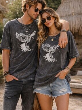 Rhea Hummingbird Graphic Tee Black Acid Wash Unisex XL NWT Boho